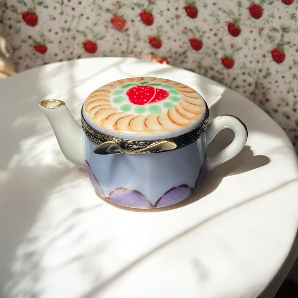 Authentic Limoges Strawberry Teapot Trinket Box, Engagement Ring Box, Pillbox